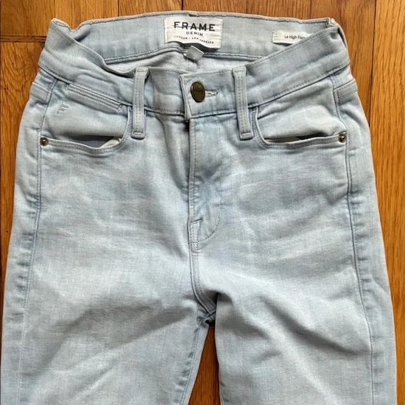 Frame Le High Flare Jeans 25 Light Wash Stretch Raw Hem Boho High Rise - Picture 4 of 14